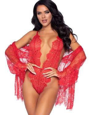 Love Affair Lace Robe & Teddy Set, Red